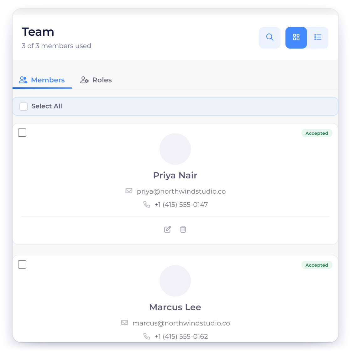 Invoice Crowd Team page with three of three member seats used, each member’s status and the roles that control their access
