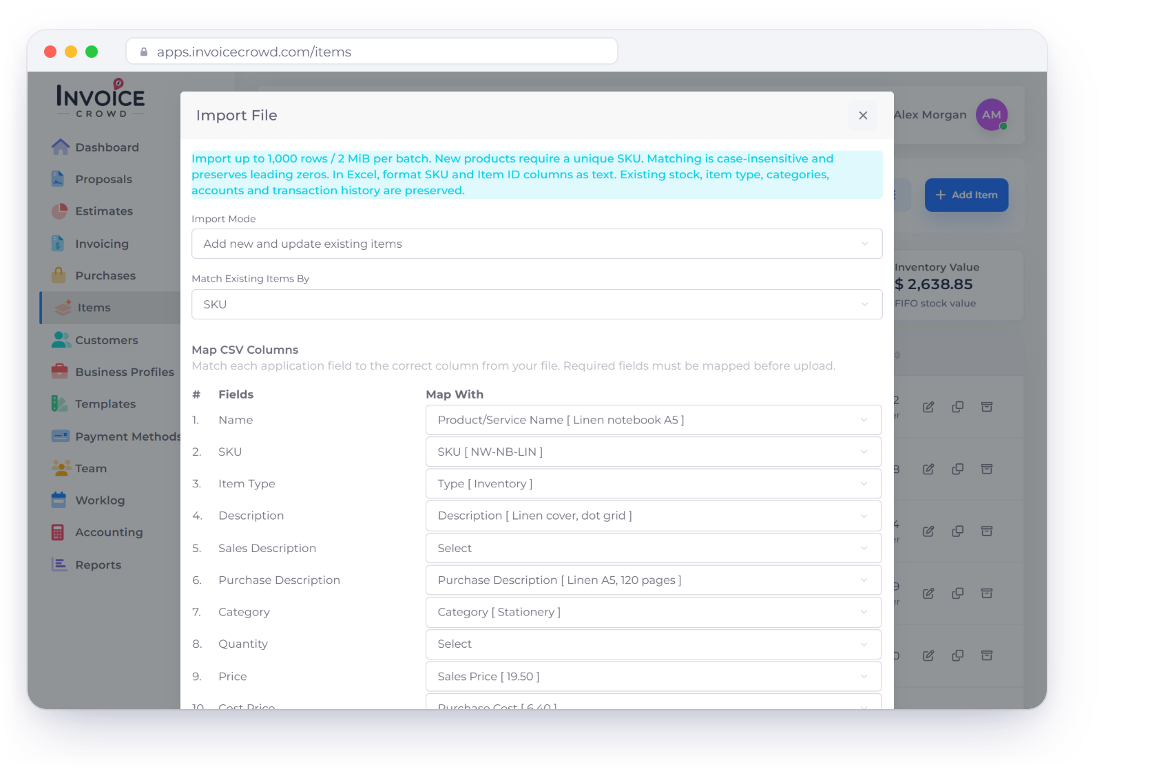 Invoice Crowd Import File window for items, adding new items and updating existing ones matched by SKU, with spreadsheet columns mapped to item fields