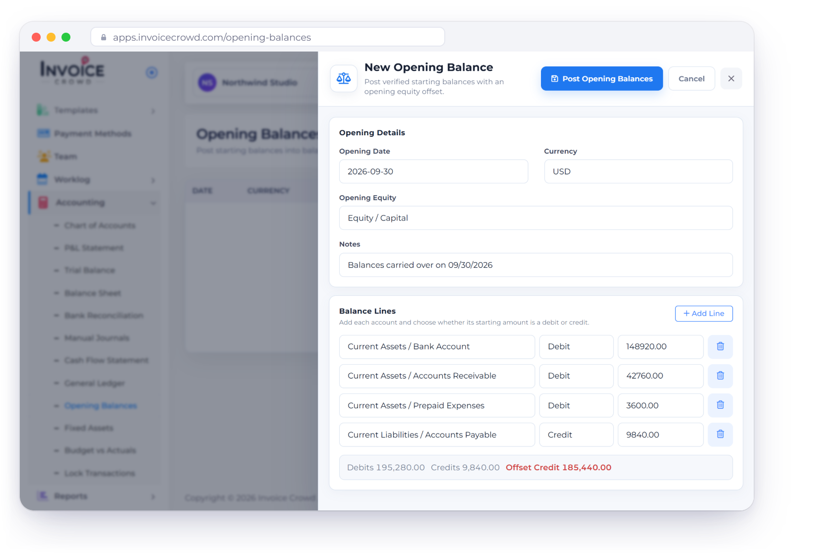 Invoice Crowd New Opening Balance drawer with bank, receivables, prepaid and payables lines carried over on 09/30/2026 and the offset posted to opening equity