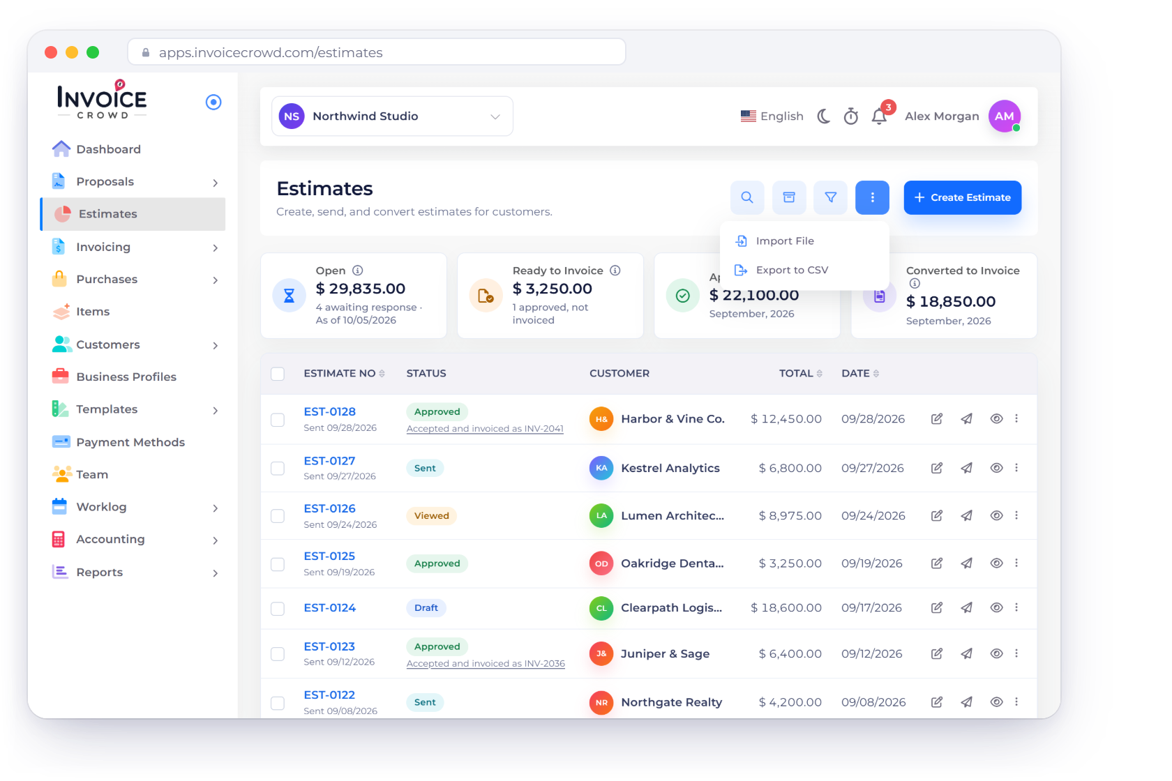 Invoice Crowd Estimates list with the More menu open on Import File and Export to CSV, and the three Smart Import steps for a CSV or Excel file