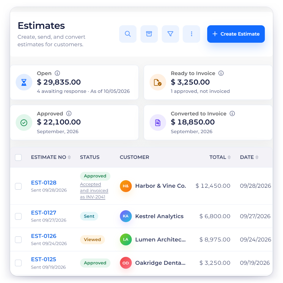 Invoice Crowd Estimates list after switching, with estimates imported from a CSV file next to new ones, and an approved estimate carried into an invoice