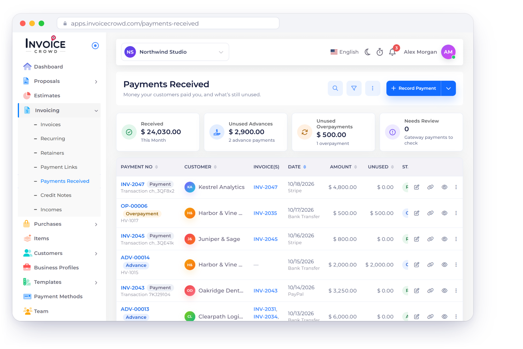 Invoice Crowd Payments Received list from the October 2026 release, with invoice payments, advances and overpayment credits, alongside retainers, Lock Transactions and gateway refunds