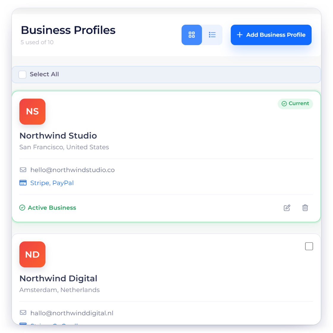Invoice Crowd Business Profiles with several businesses in one account, and the number of business profiles and team seats each plan includes