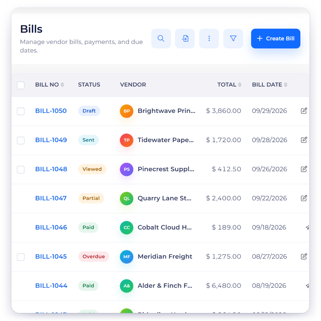 Invoice Crowd Bills list with vendor bills by status, a purchase order converted to a bill, and billable project hours waiting to be invoiced