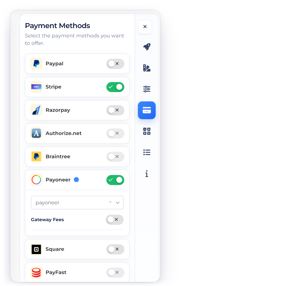 Invoice Crowd invoice Payment Methods panel where the gateways switched on for the invoice become Pay buttons on the customer’s invoice page