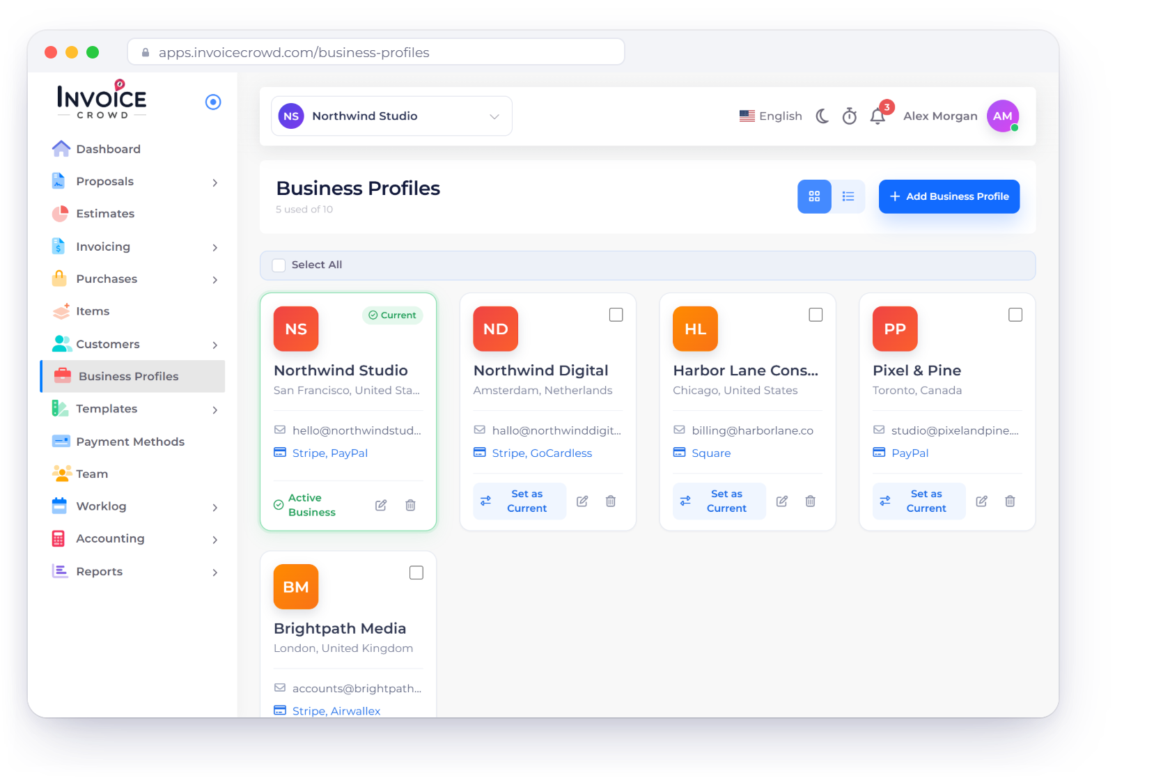 Invoice Crowd Business Profiles page with five businesses under one account, each with its own location, email and payment gateways, and the current business marked