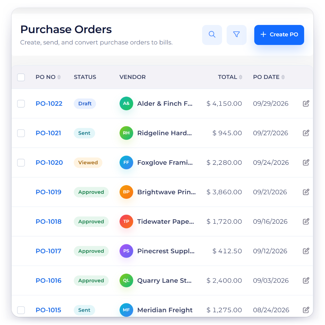 Invoice Crowd Purchase Orders list with draft, sent, viewed and approved orders, an approved order converted to a bill and an open vendor credit