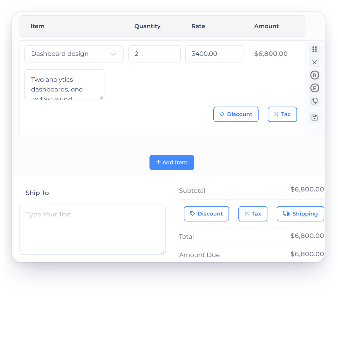 Invoice Crowd estimate editor recalculating the estimate total as quantities and rates change, with the expiry date set for the client
