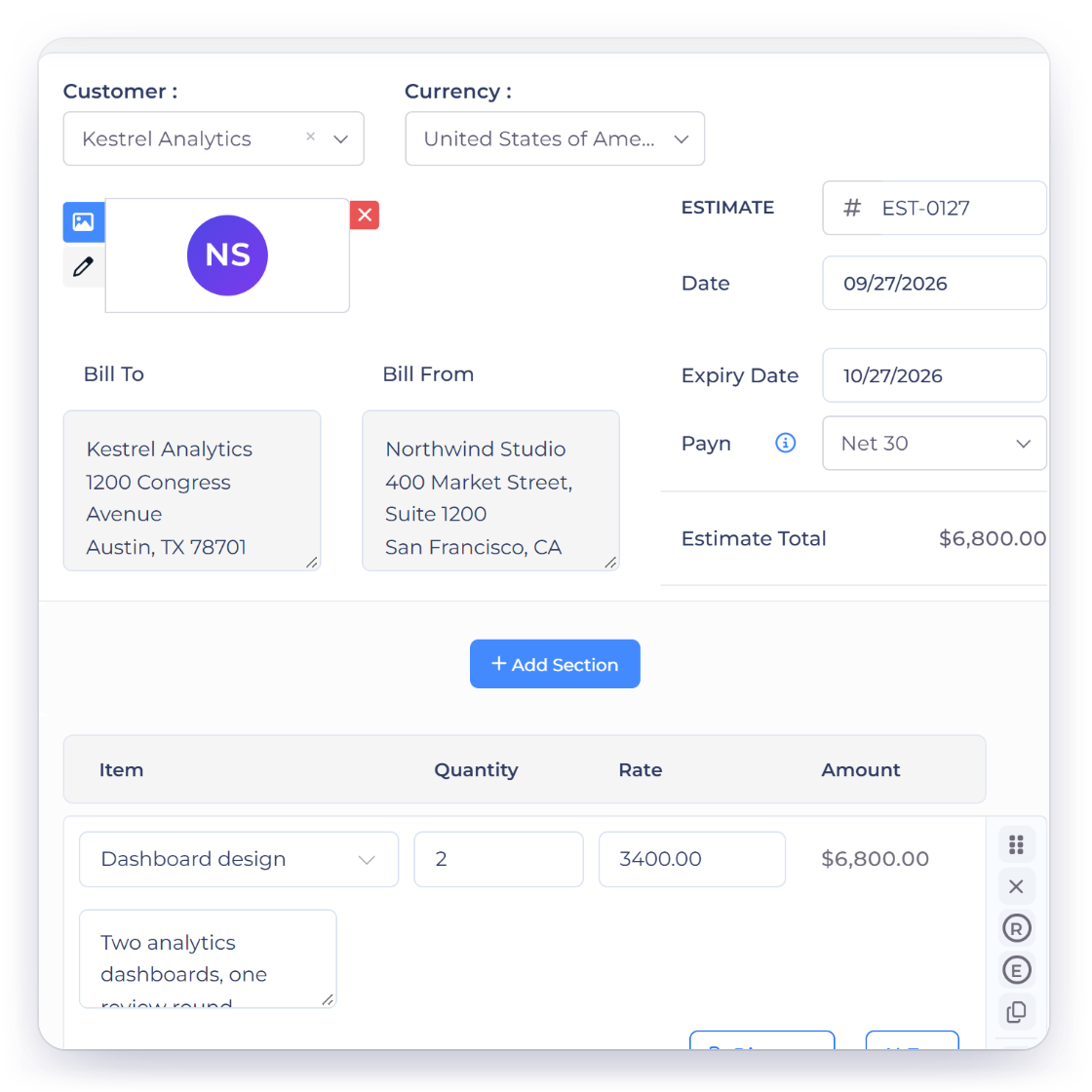 Invoice Crowd estimate editor for Kestrel Analytics with one line per deliverable, its quantity and rate, the same layout the free estimate generator uses