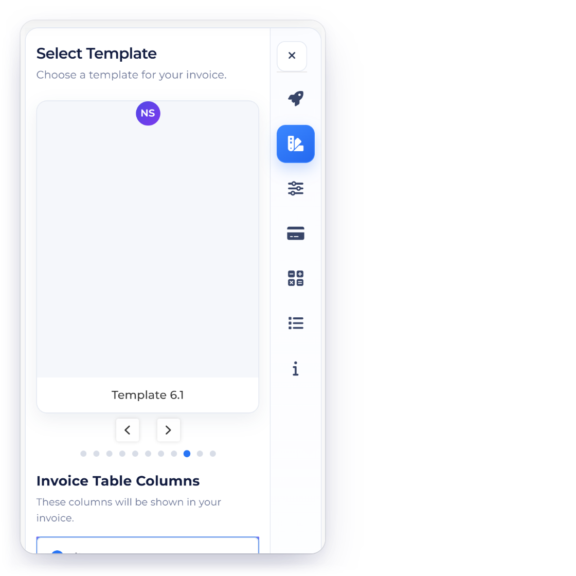 Invoice Crowd Select Template panel in the invoice editor, where a different template changes the layout while the invoice values stay the same