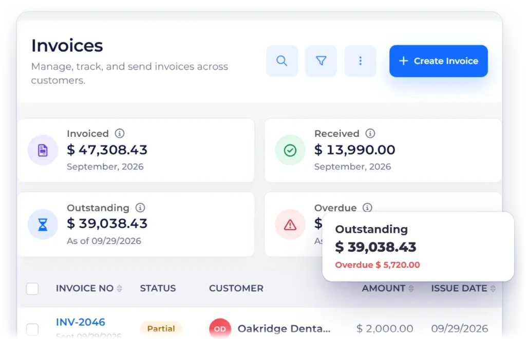 Invoice Crowd Invoices list where sent invoices and partial payments add up to the outstanding and overdue balances