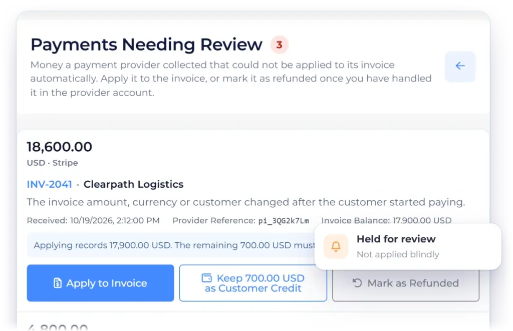 Invoice Crowd Payments Needing Review holding a provider-confirmed payment that could not be applied to its invoice until the owner decides