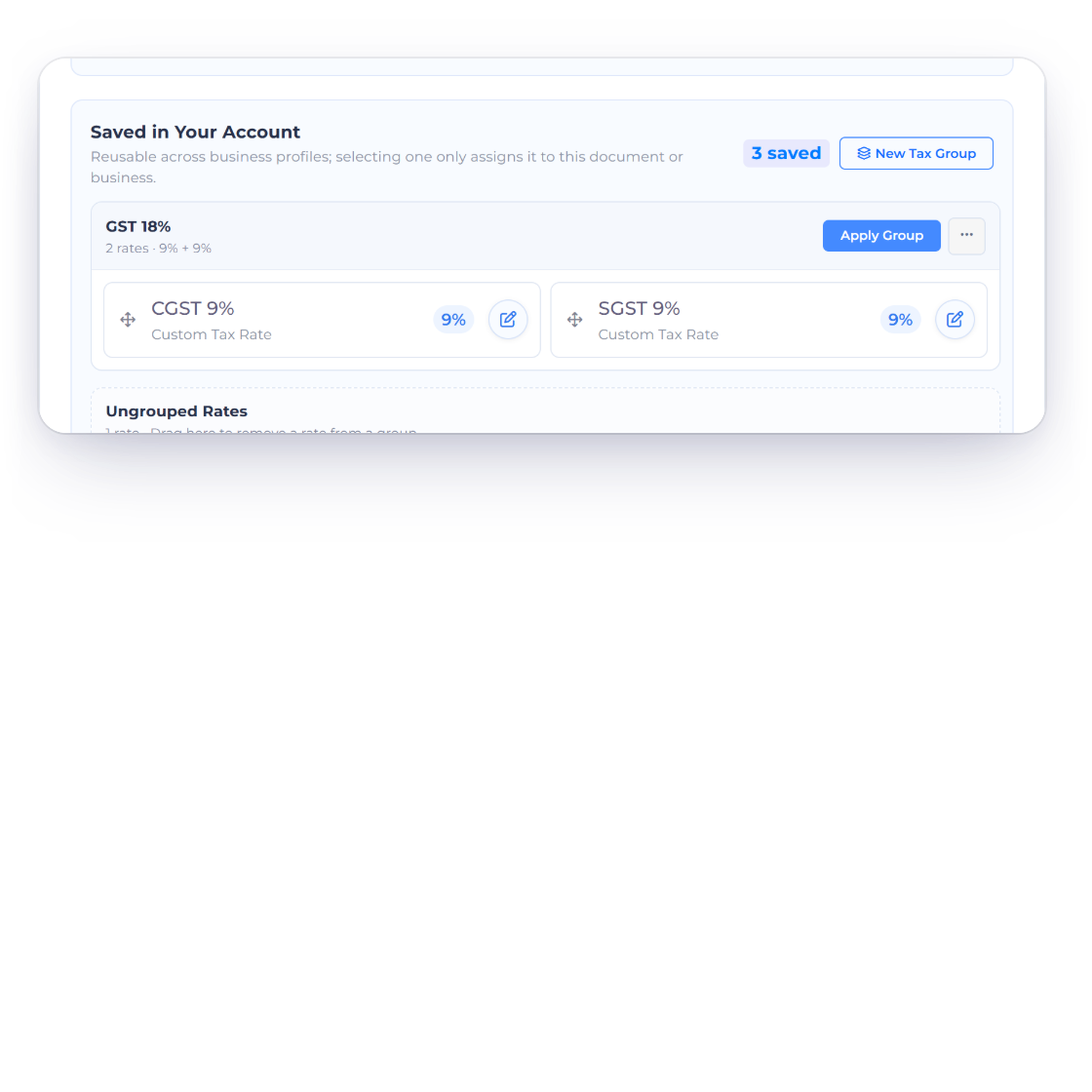 Invoice Crowd saved GST 18% group made of CGST 9% and SGST 9%, applied together to the taxable value of an intra-state invoice