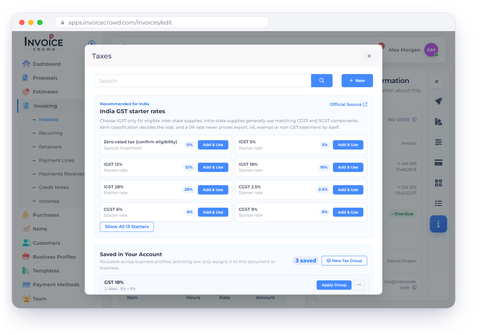 Invoice Crowd Taxes window with the India GST starter rates for IGST, CGST and SGST and a saved GST 18% group of CGST 9% and SGST 9%, the same GST calculation inside the app