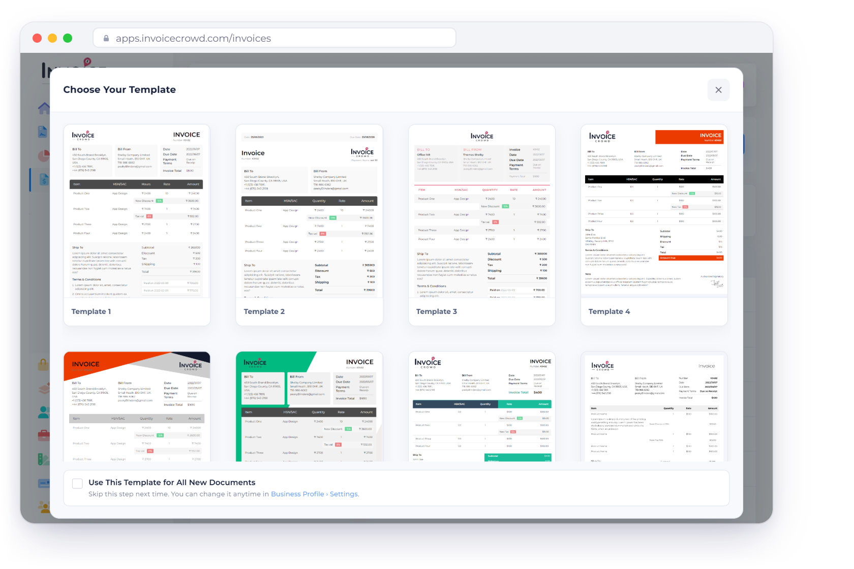 Invoice Crowd Choose Your Template window shown when creating an invoice, with the option to use the chosen template for all new documents, the same layouts the free templates offer inside the app