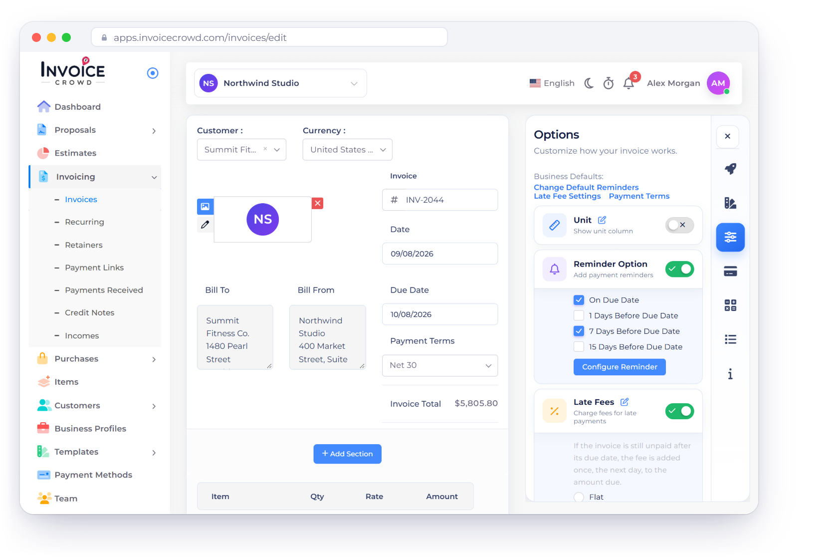 Invoice Crowd invoice Options with Late Fees switched on as a percentage, the notice the customer sees before the due date, and the single late fee line added the day after it, the same calculation inside the app