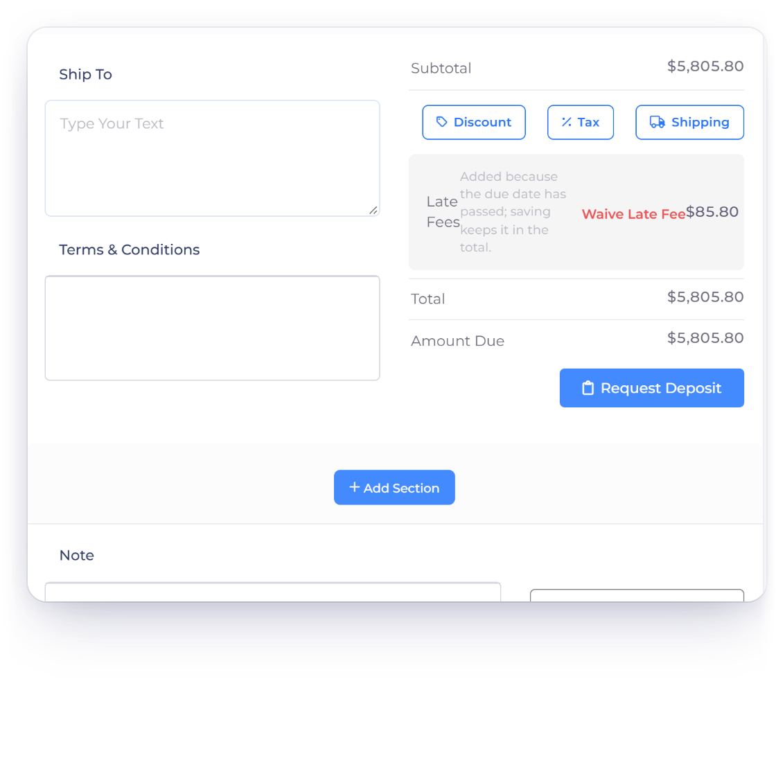 Invoice Crowd invoice totals with one late fee line of $85.80 added the day after the due date, with the option to waive it