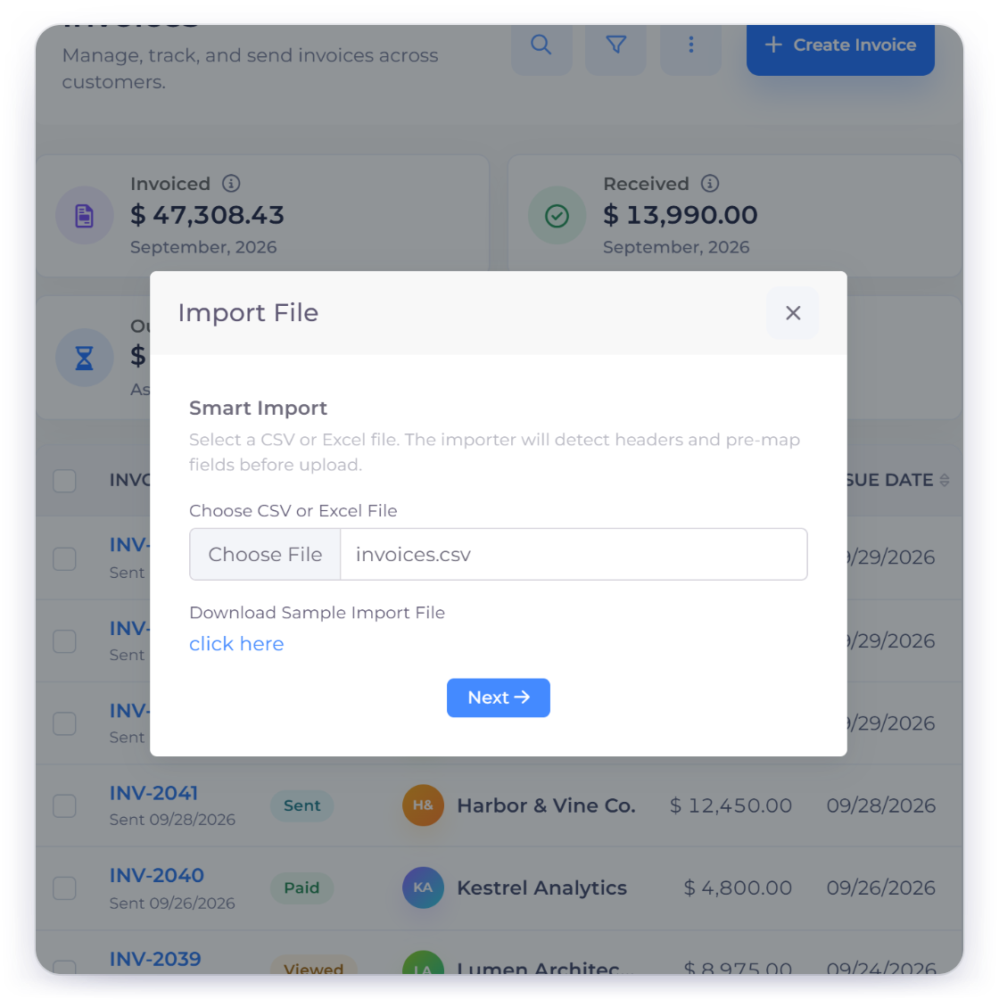 Invoice Crowd Smart Import step for invoices with an exported invoices file chosen, while expense, payment, time and report exports stay archived