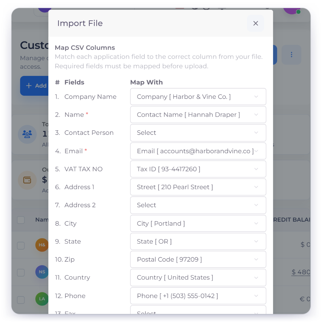 Invoice Crowd Map CSV Columns step for customers with company, contact name, email, tax number, address, phone and currency matched to file columns