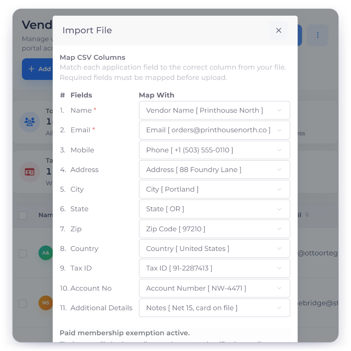 Invoice Crowd Map CSV Columns step for vendors with name, email, address, tax ID and account number matched to file columns, one of five supported record types