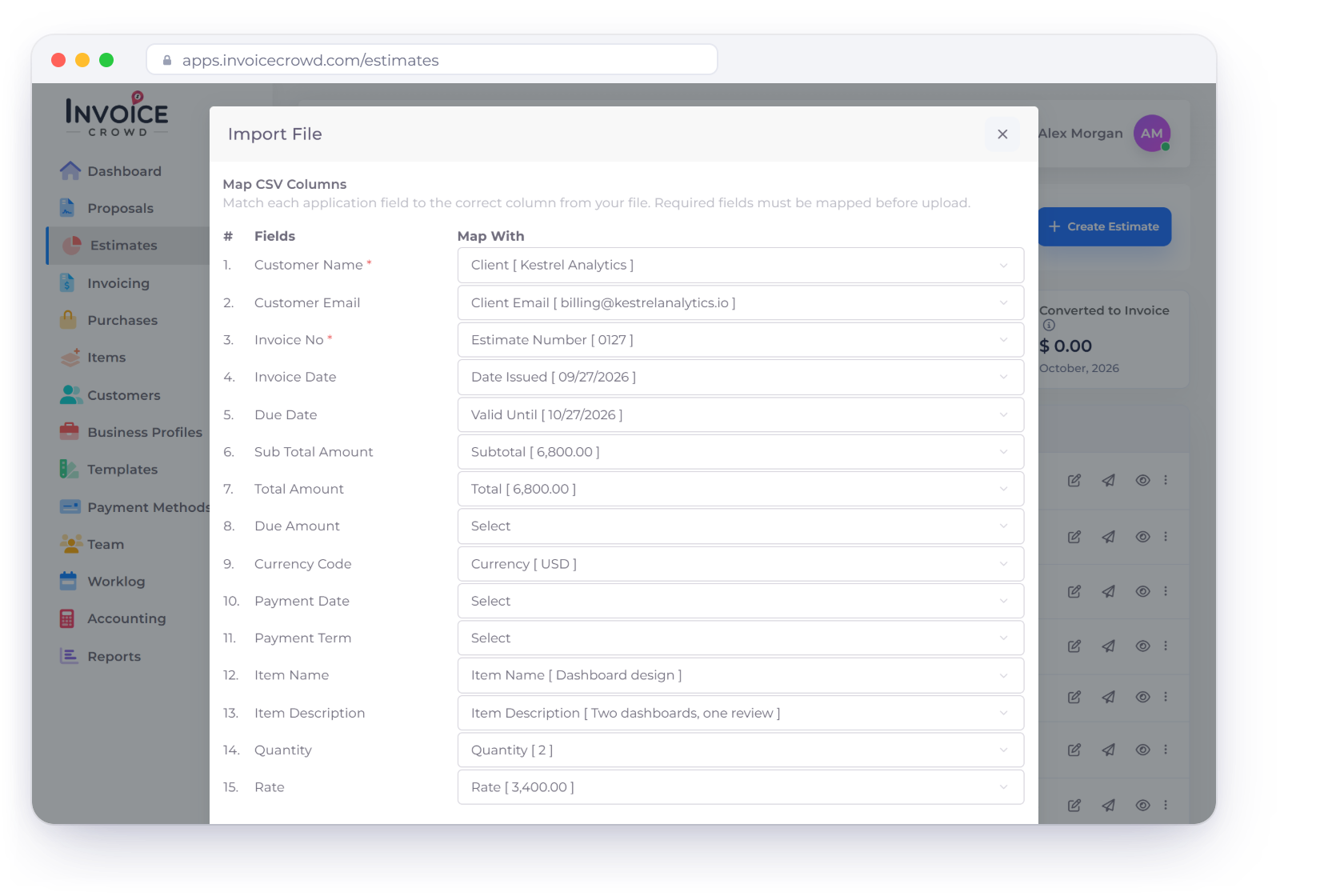 Invoice Crowd Import File window for estimates, with client, estimate number, date, valid-until date, totals and line items mapped to columns from the exported file