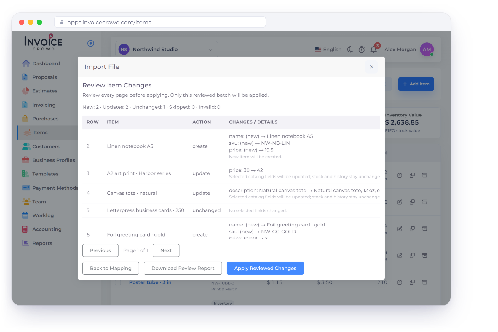 Invoice Crowd Review Item Changes step of an item import, listing the items to create, update or leave unchanged, before the reviewed batch is applied