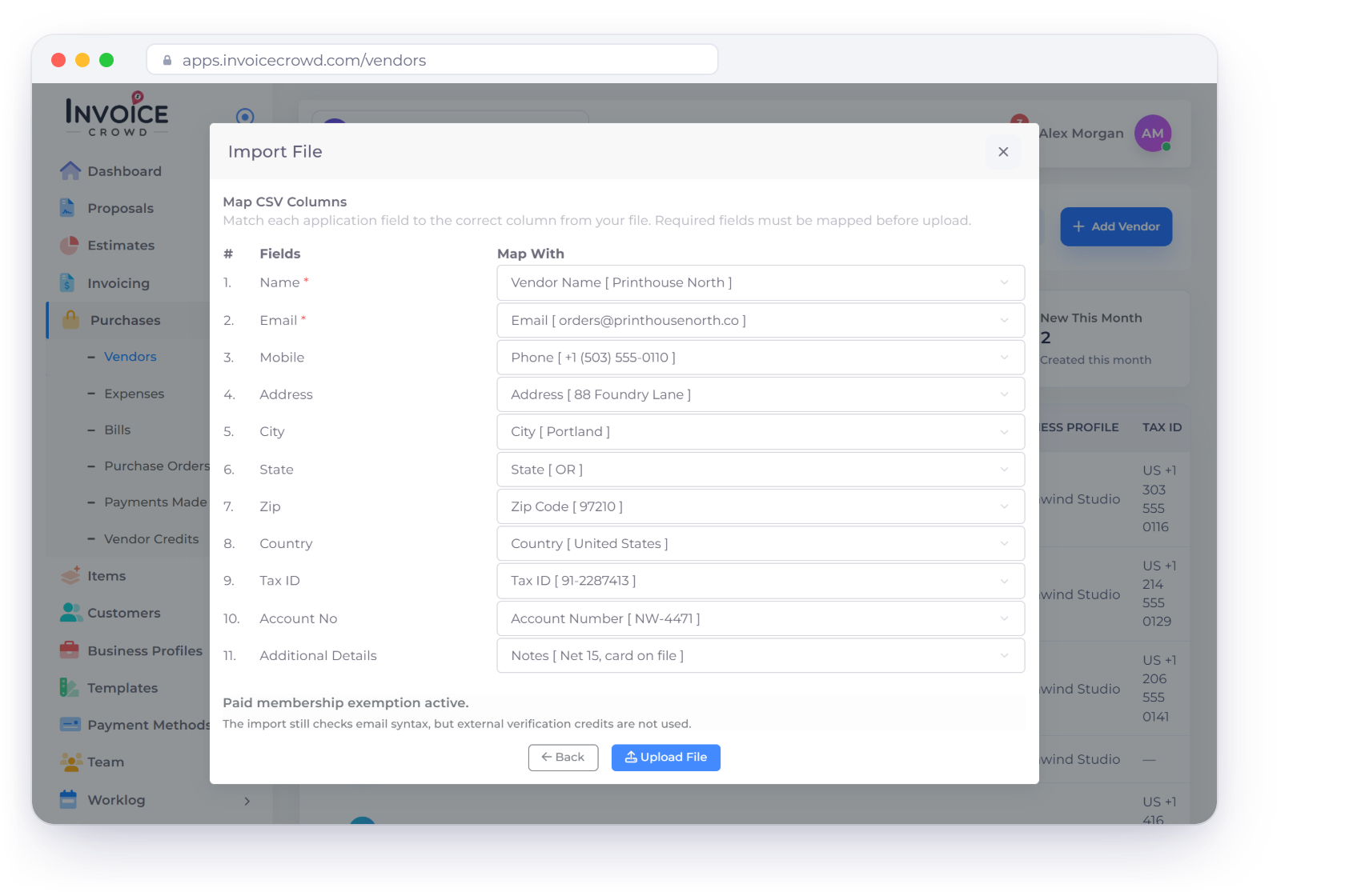 Invoice Crowd Import File window for vendors, with name, email, phone, address, tax ID and account number mapped to columns from the exported file