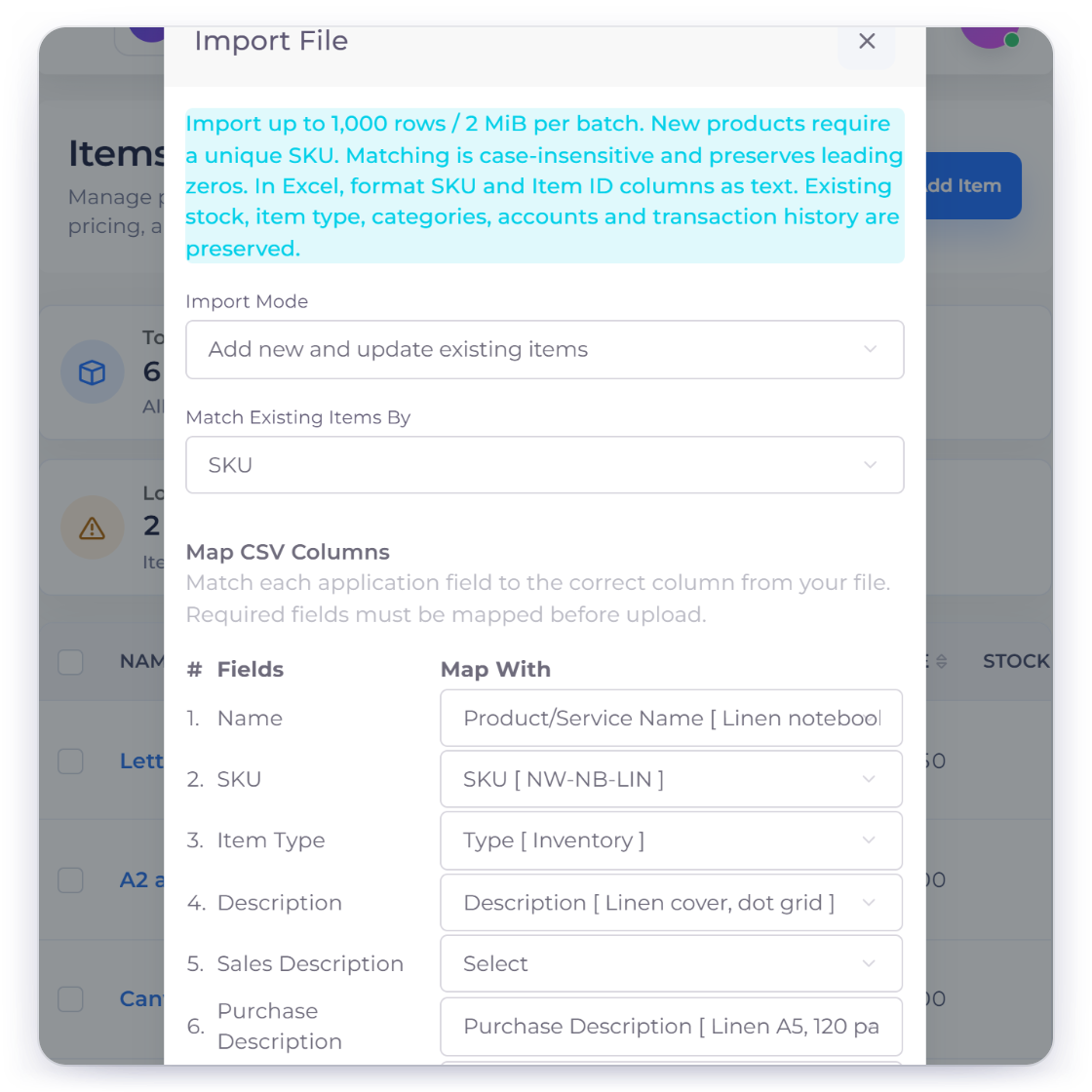 Invoice Crowd item import set to add new items and update existing ones matched by SKU, with product name, description, category, price and cost mapped to file columns