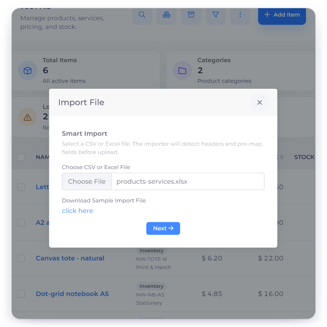 Invoice Crowd Smart Import step for products and services, while Wave transactions, receipts, payroll and tax records stay accessible in the archive