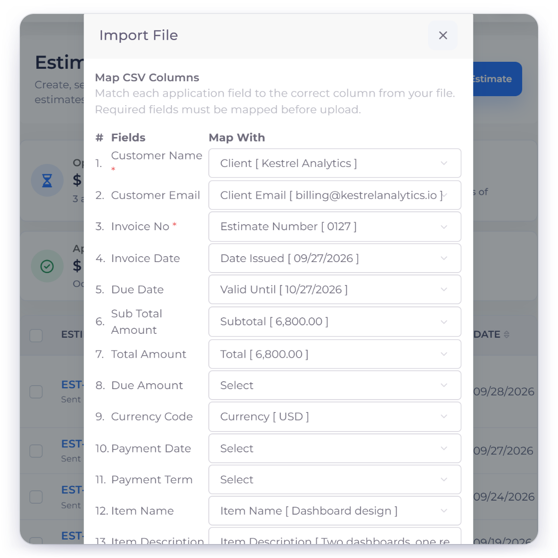 Invoice Crowd Map CSV Columns step for estimates with client, estimate number, dates, totals and line items matched to file columns