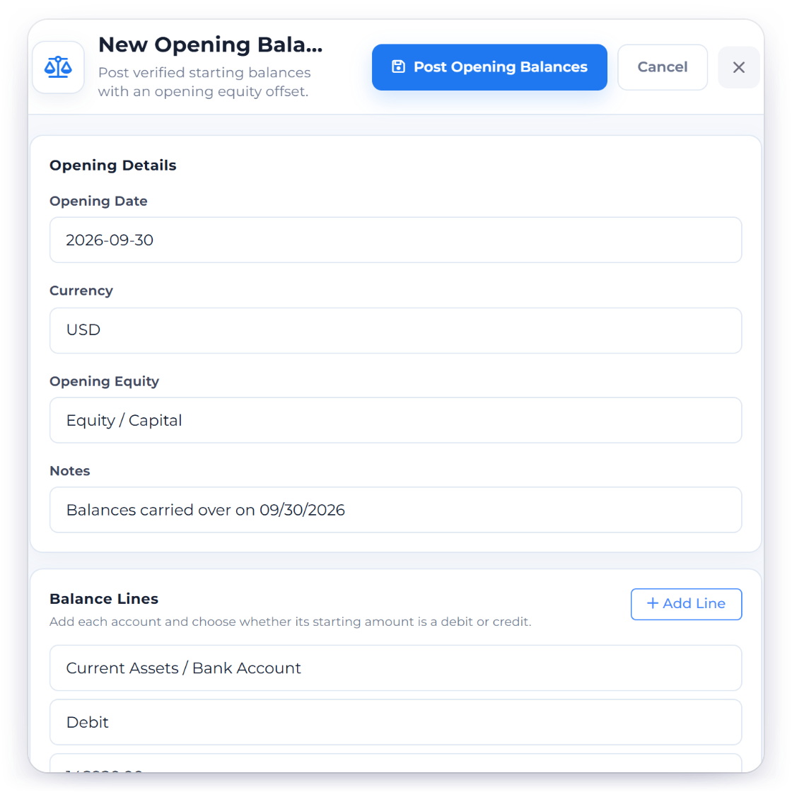 Invoice Crowd New Opening Balance drawer with the balances from the old books entered on the cutover date and the offset to opening equity shown before posting