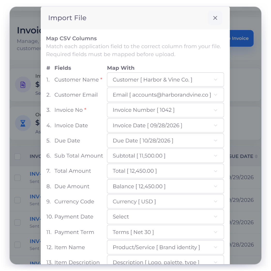 Invoice Crowd Map CSV Columns step for invoices with customer, invoice number, dates, totals, currency, terms and line items matched to file columns