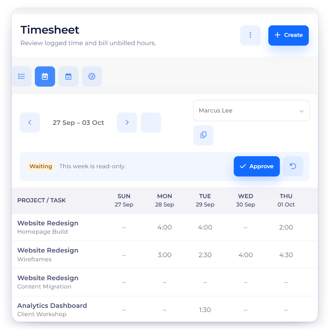 Invoice Crowd Timesheet week view with billable hours per project, and the hours billed up to a date into one invoice for the client