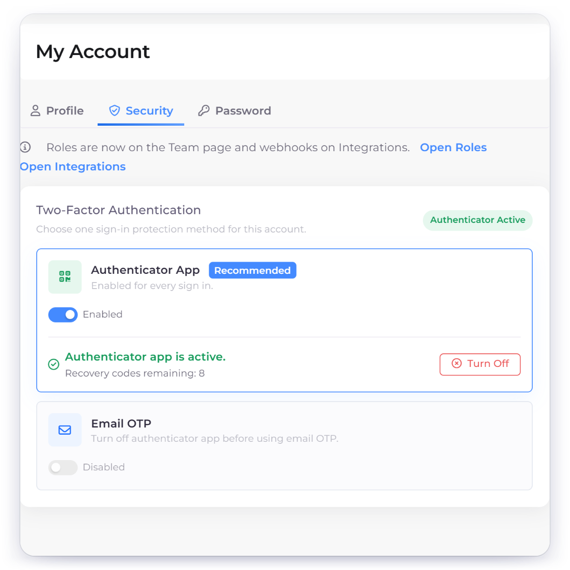 Invoice Crowd My Account Security tab with the authenticator app active for every sign-in, recovery codes and email codes as the other option