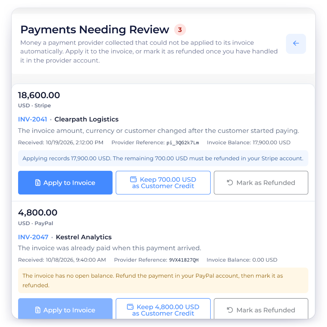 Invoice Crowd Payments Needing Review with gateway payments that could not be applied automatically, held until the owner applies them, keeps them as credit or marks them refunded