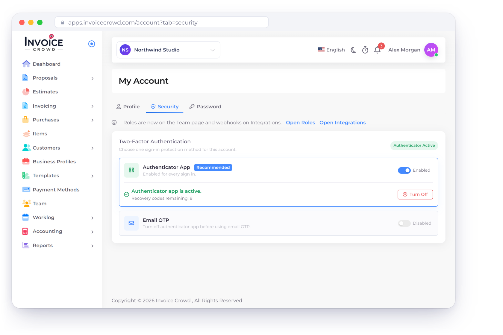 Invoice Crowd My Account Security tab with two-factor authentication through an authenticator app or an email code, and other sessions signed out after a password change