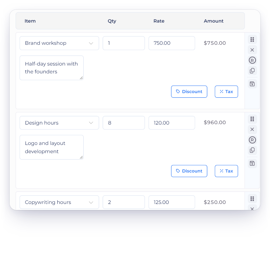 Invoice Crowd invoice editor with a $750 workshop, eight hours at $120 and two hours at $125, adding up to $1,960 before a 10% tax of $196 and a $2,156 total