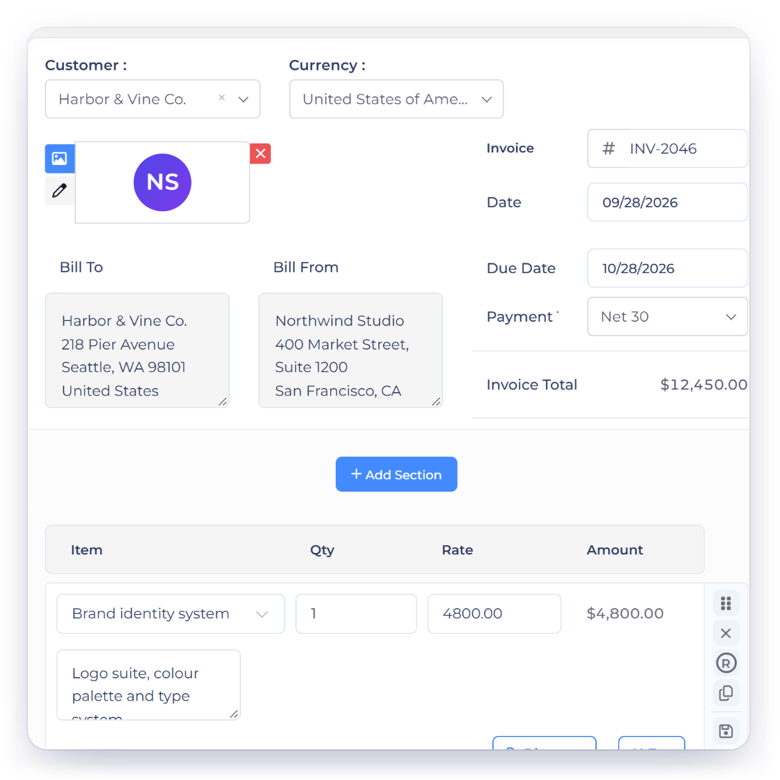 Invoice Crowd invoice editor with the chosen template applied and the invoice ready to download as a PDF, with the option to use that template for all new documents