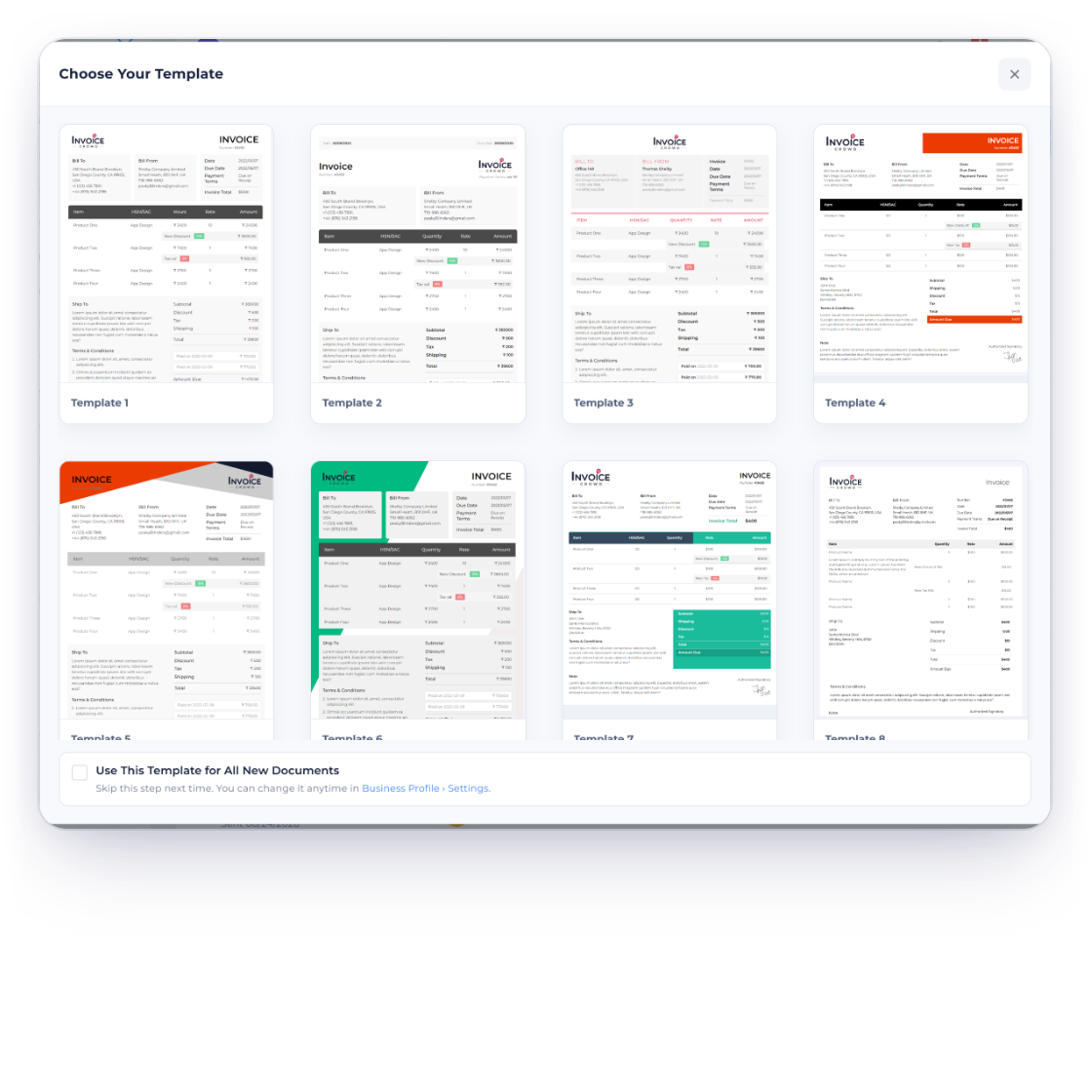 Invoice Crowd Choose Your Template window with the invoice layouts offered when creating an invoice, the same kind of layouts as the free templates