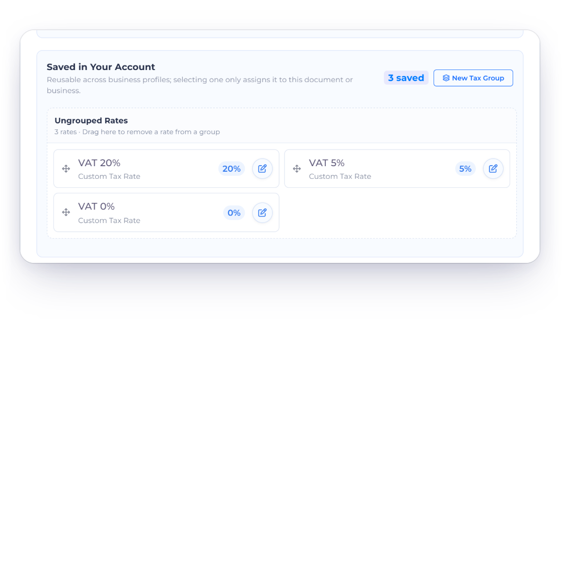Invoice Crowd saved VAT rates of 20%, 5% and 0% added on top of the net amount of an invoice line, giving the VAT and the total