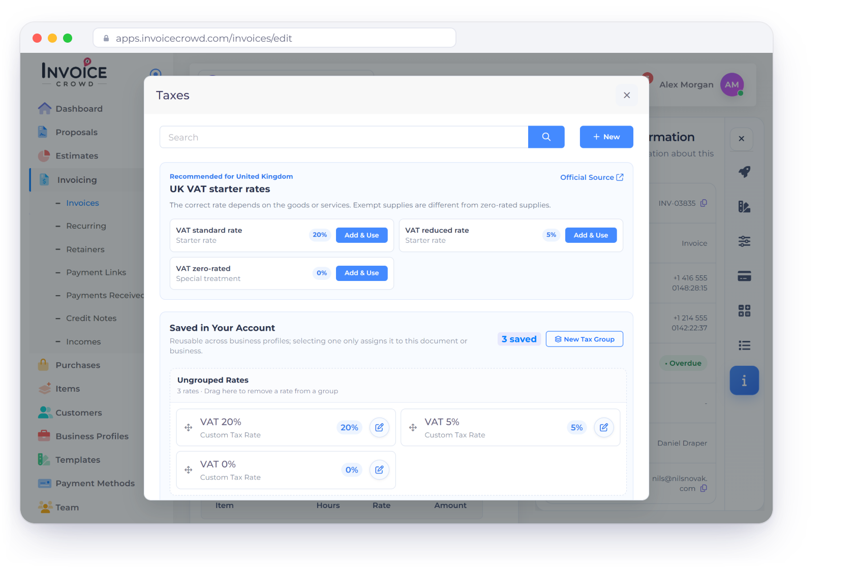 Invoice Crowd Taxes window with the UK VAT starter rates at 20%, 5% and zero-rated and the saved VAT rates, the same VAT calculation inside the app with net, VAT and total kept apart