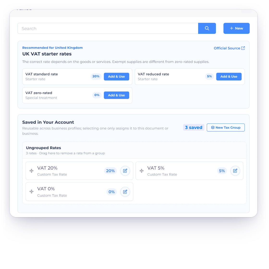 Invoice Crowd UK VAT starter rates, standard 20%, reduced 5% and zero-rated, with the note that the correct rate depends on the goods or services and a link to the official source