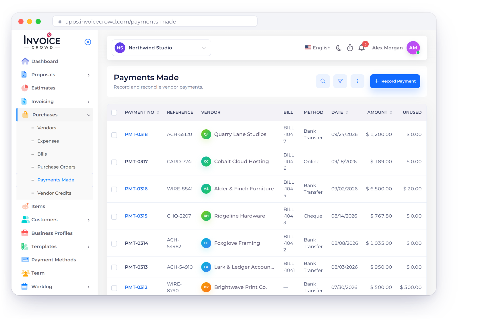 Invoice Crowd Payments Made list with vendor payments against bills, next to customer payments received and the shared ledger in one workspace