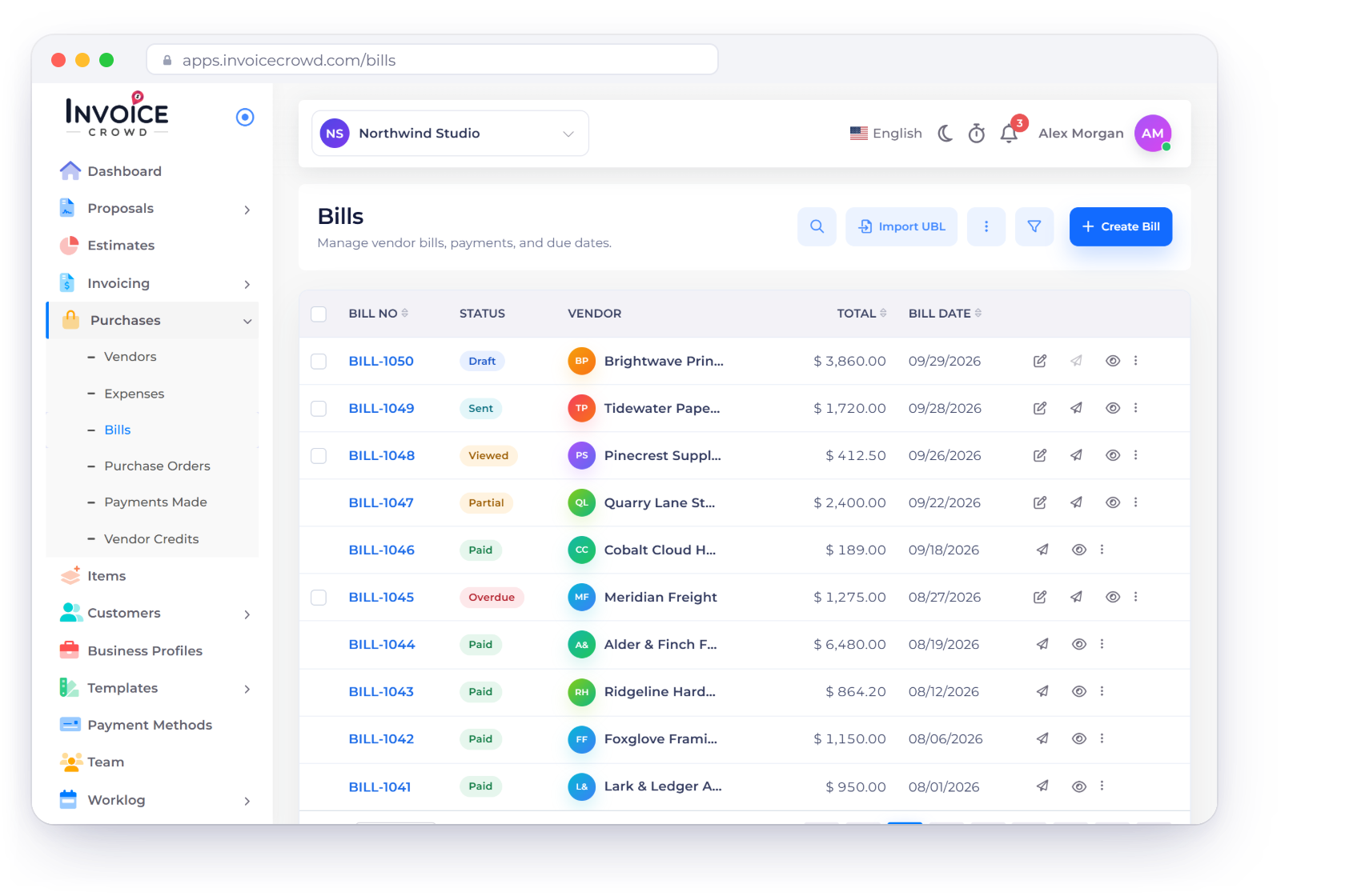 Invoice Crowd Bills list with vendor bills by status, an approved purchase order converted into a bill and an open vendor credit, kept next to client invoicing