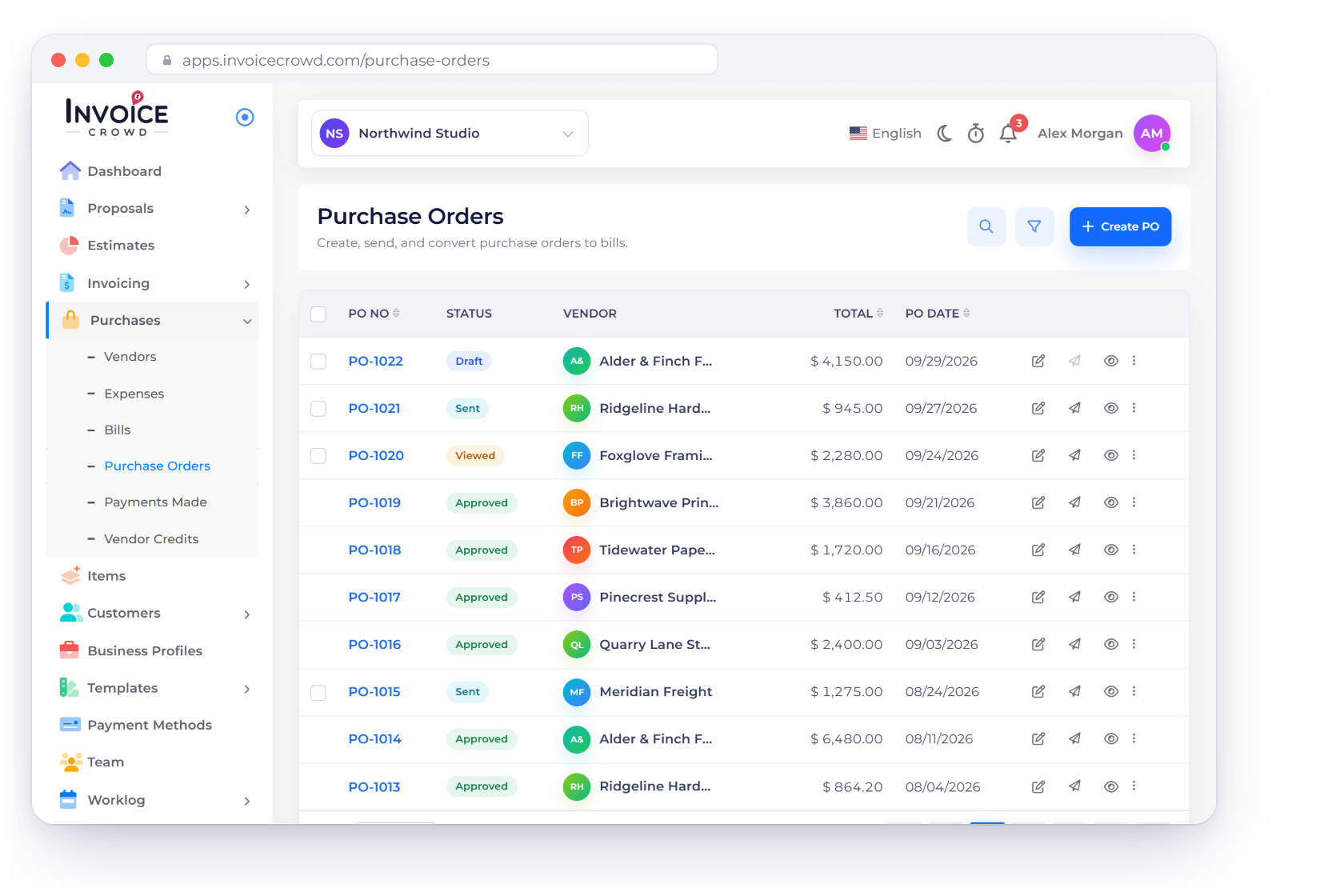 Invoice Crowd Purchase Orders list with draft, sent, viewed and approved orders, an approved order ready to convert to a bill, and an approved client proposal in the same account