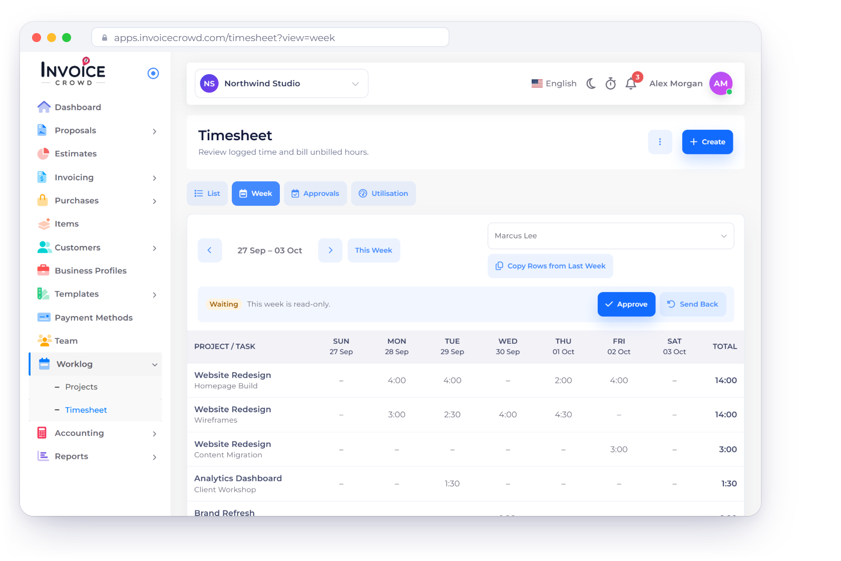 Invoice Crowd Timesheet week view with billable hours logged per project, the time billed into an invoice for the client and the invoice posted to the same ledger