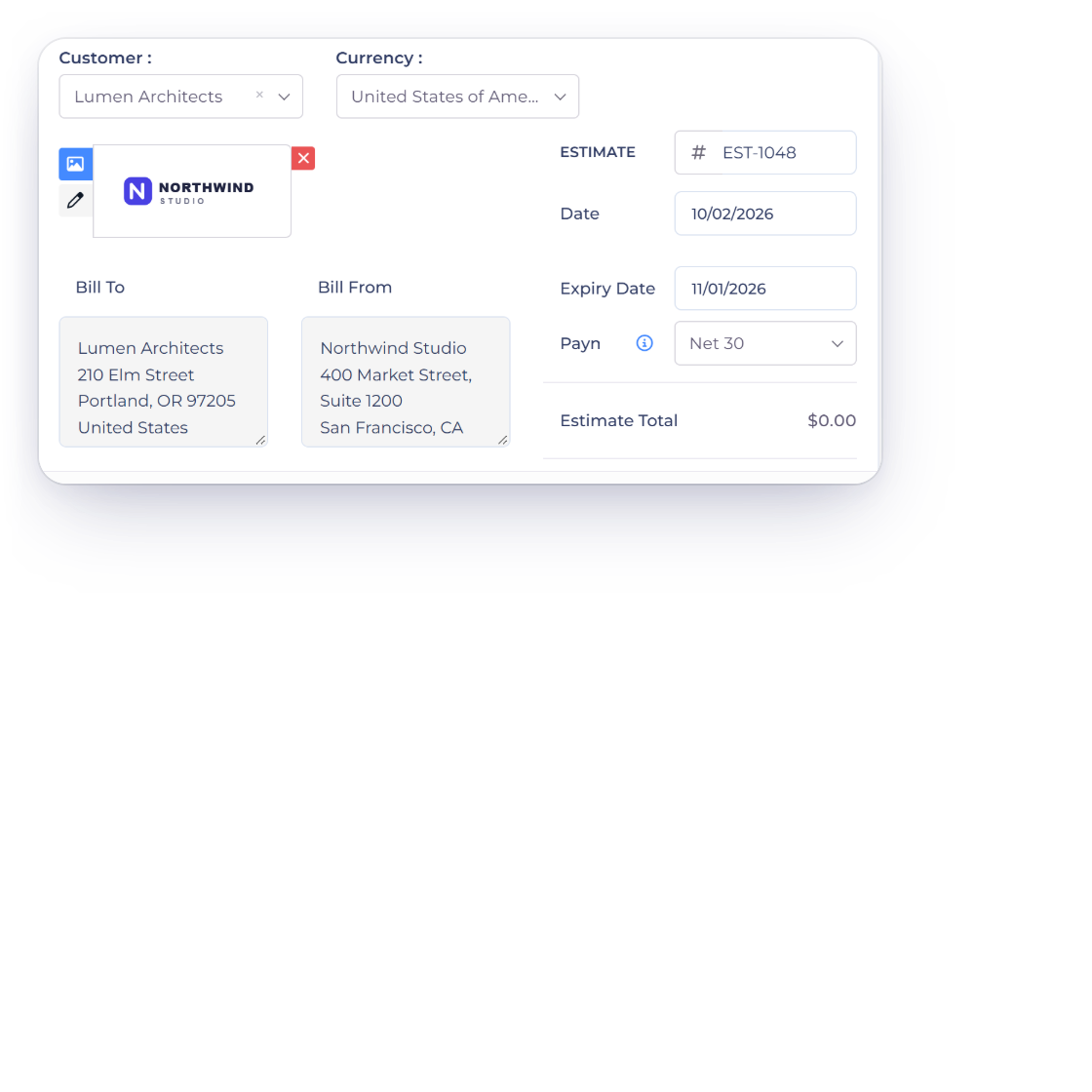 The Invoice Crowd estimate editor with the Select Template tab open on Change design and Template 3 chosen, and Business Settings Design showing Template 3 as the design for new estimates