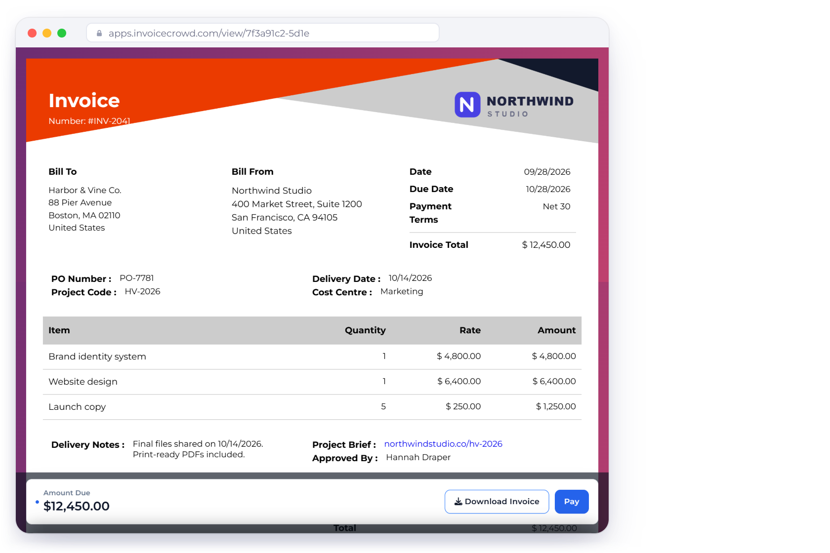 An Invoice Crowd invoice as the customer sees it, with custom fields above the items for PO number, project code, delivery date and cost centre and below the items for delivery notes, a project brief link and the approver