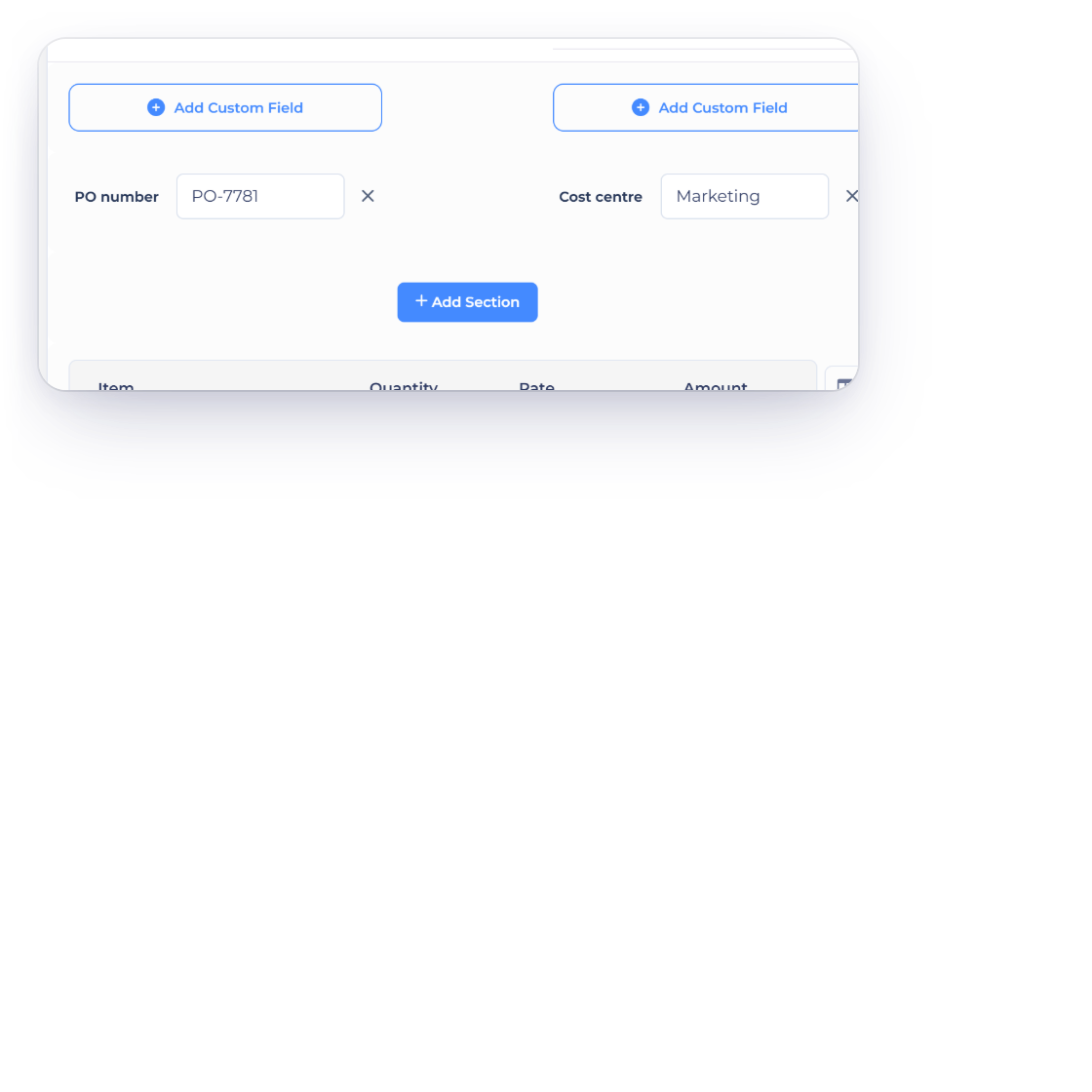 The Options tab of an Invoice Crowd invoice with Custom-field editing controls switched on and Hide custom fields on this document checked, next to the invoice with its PO number and cost centre fields