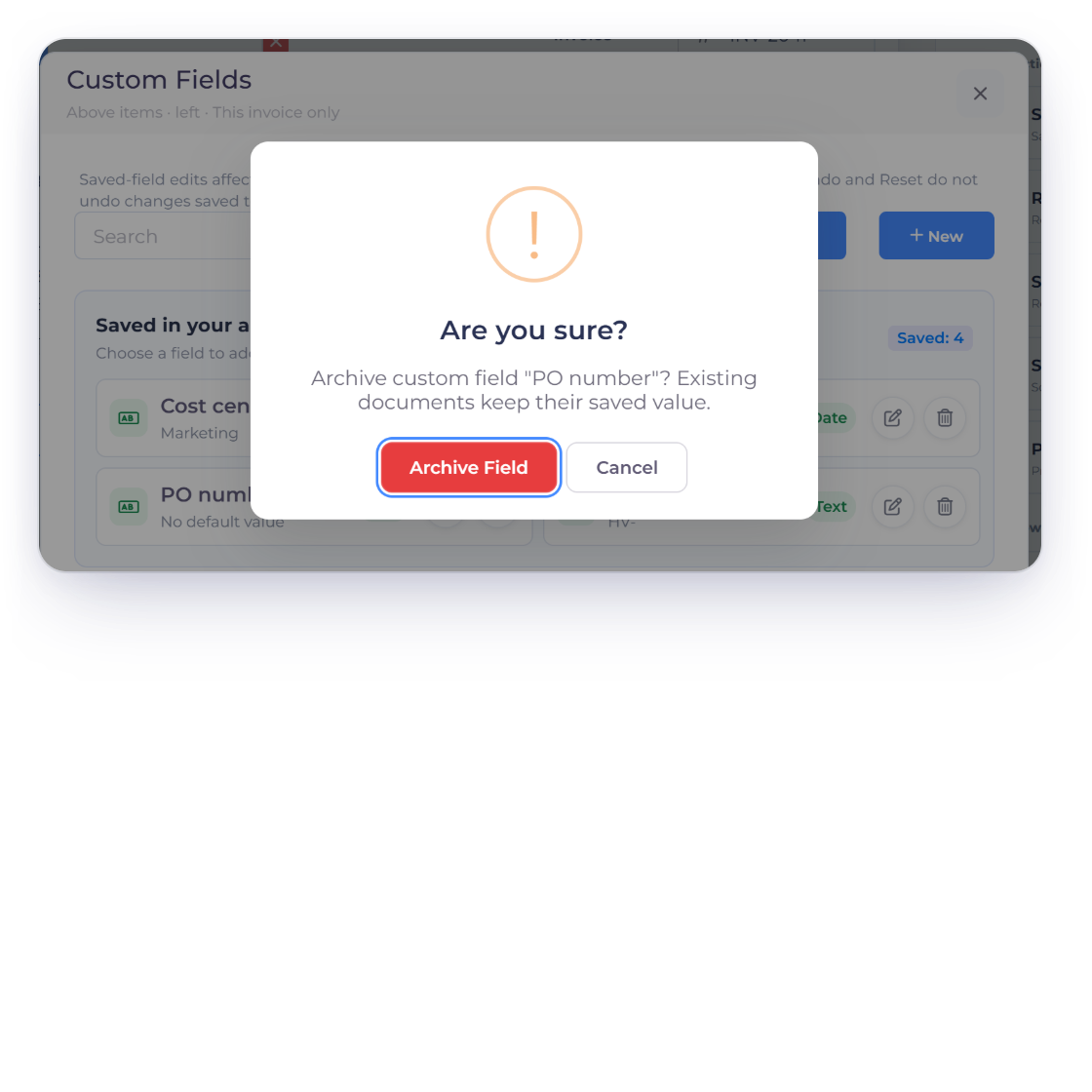The Invoice Crowd custom-field picker asking to archive the PO number field while existing documents keep their saved value, the Edit field and Archive field actions on a saved field, and an estimate converted to an invoice with its custom fields copied